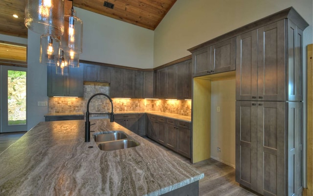 kitchen featuring sink, wood ceiling, dark hardwood / wood-style flooring, and decorative light fixtures