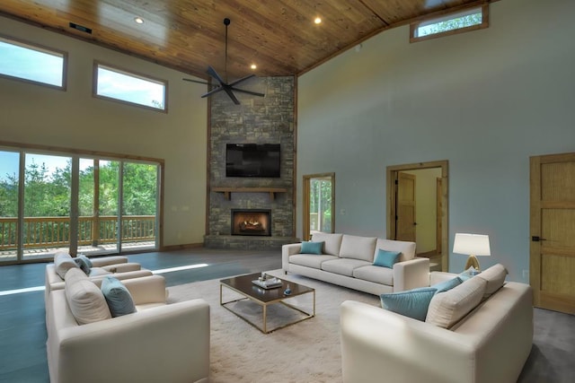 living room with wood ceiling, a fireplace, high vaulted ceiling, and ceiling fan