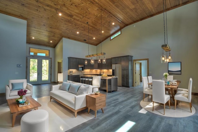 living room featuring french doors, wood ceiling, high vaulted ceiling, and dark wood-type flooring