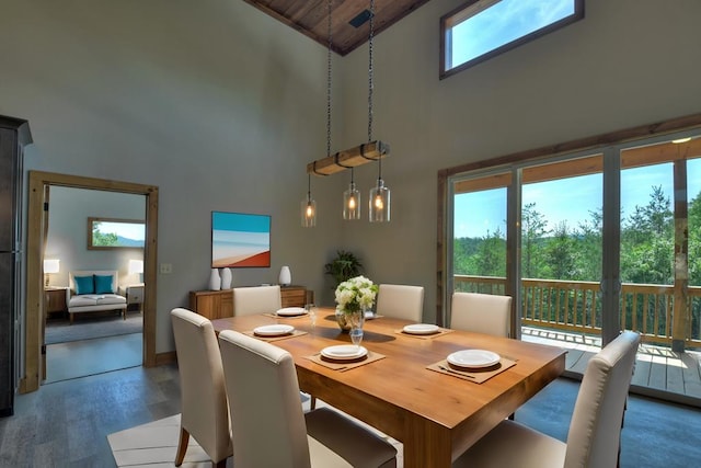 dining area featuring hardwood / wood-style floors, high vaulted ceiling, and wooden ceiling