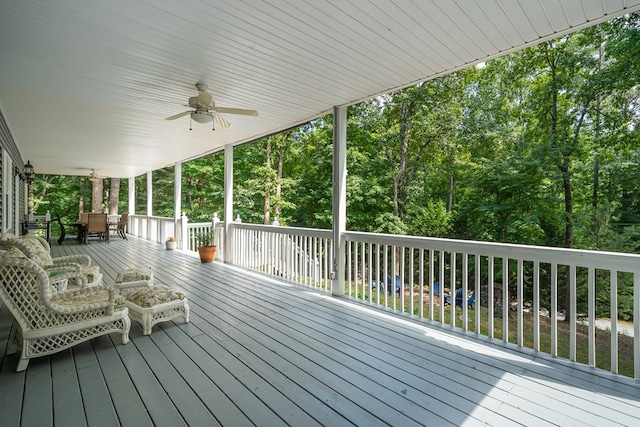 deck with ceiling fan and outdoor dining space