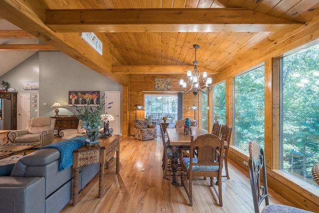 dining room with a chandelier, wooden ceiling, light wood-style flooring, and lofted ceiling with beams