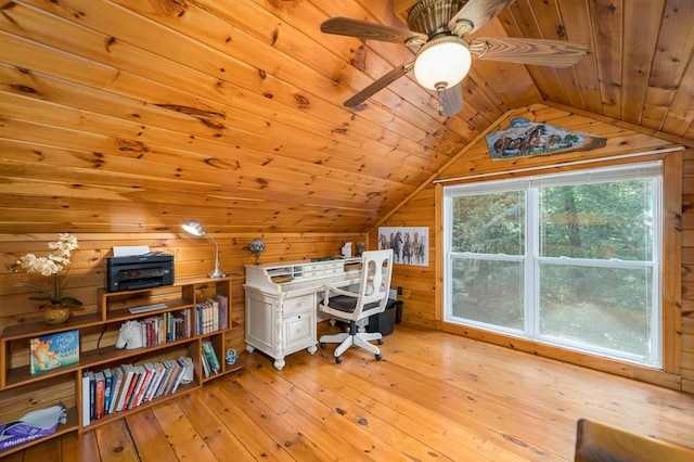 home office with lofted ceiling, light wood-style flooring, a ceiling fan, wooden walls, and wooden ceiling