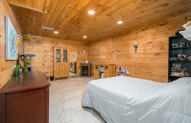 bedroom with recessed lighting, wooden walls, a fireplace, wood ceiling, and visible vents