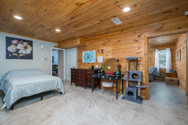 bedroom with marble finish floor, wood ceiling, visible vents, and recessed lighting