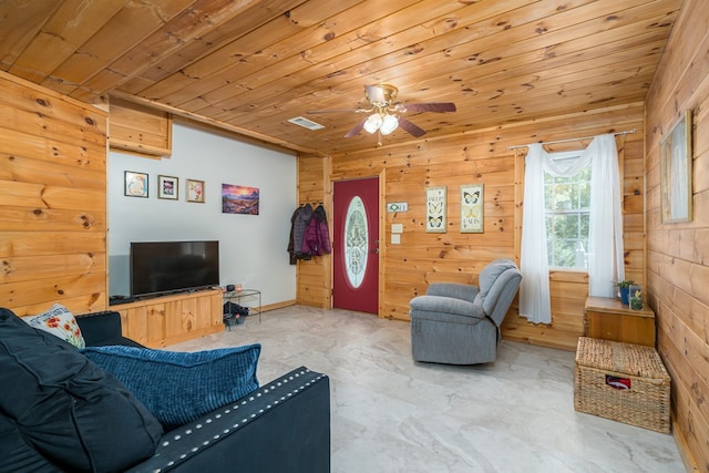 living area featuring visible vents, a ceiling fan, wood ceiling, and wooden walls