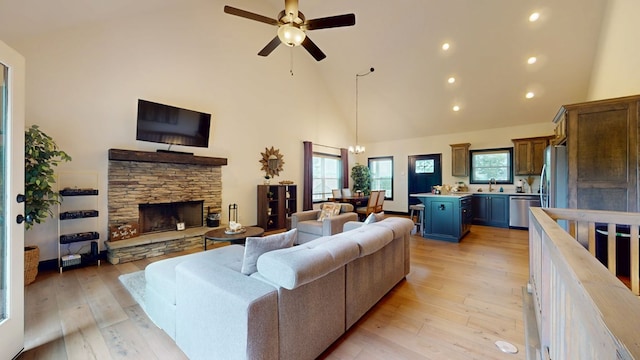 162 Barefoot Trl, Blairsville, GA 30512 - living room featuring high vaulted ceiling, a ceiling fan, healthy amount of natural light, light wood-style floors, and recessed lighting