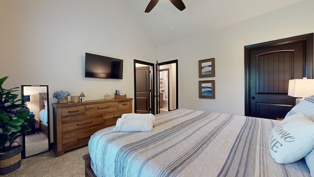 162 Barefoot Trl, Blairsville, GA 30512 - bedroom with light colored carpet, high vaulted ceiling, and a ceiling fan