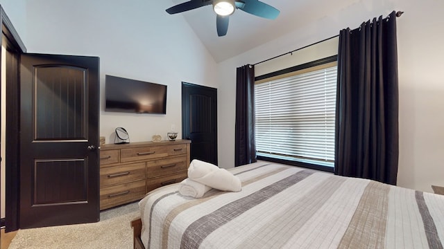 162 Barefoot Trl, Blairsville, GA 30512 - bedroom with vaulted ceiling, light carpet, and a ceiling fan