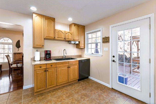 kitchen featuring light countertops, dishwasher, baseboards, and a sink