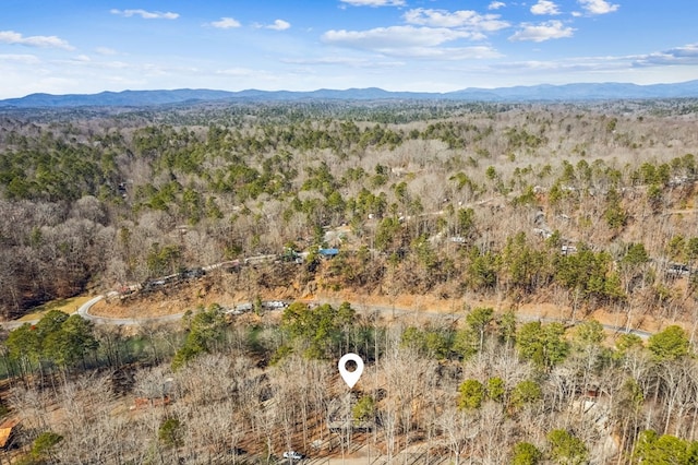 drone / aerial view featuring a mountain view and a wooded view