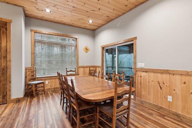 dining area with a wainscoted wall, wood finished floors, wood ceiling, and recessed lighting