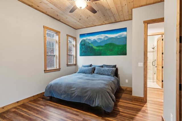 bedroom featuring wood ceiling, baseboards, and wood finished floors