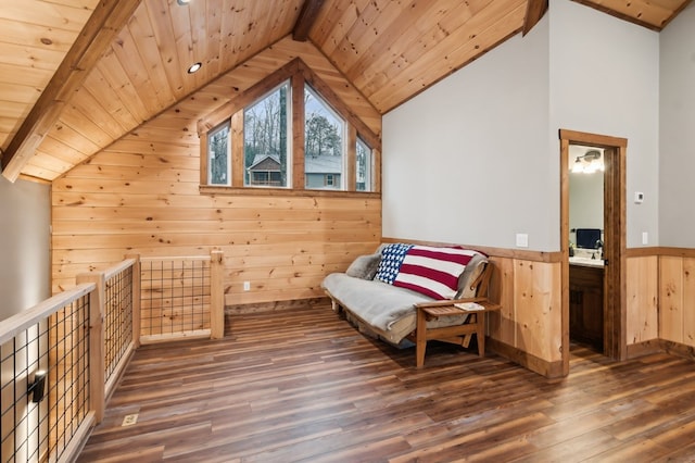 unfurnished room featuring lofted ceiling with beams, dark wood-type flooring, wood ceiling, wainscoting, and wooden walls