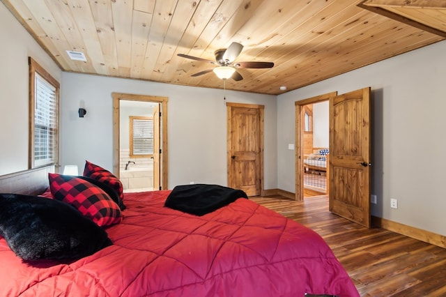 bedroom with wood ceiling, visible vents, baseboards, and wood finished floors