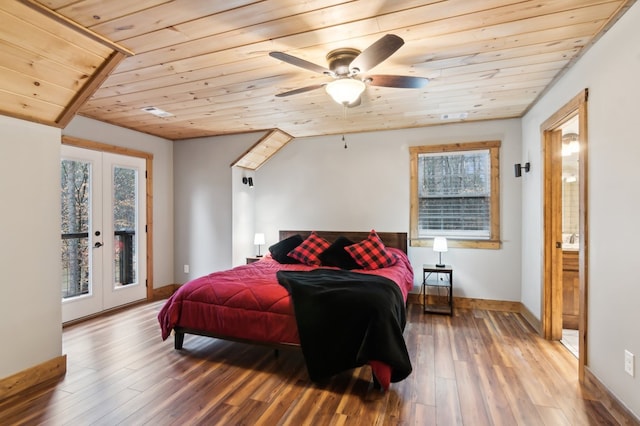 bedroom with french doors, wooden ceiling, and wood finished floors