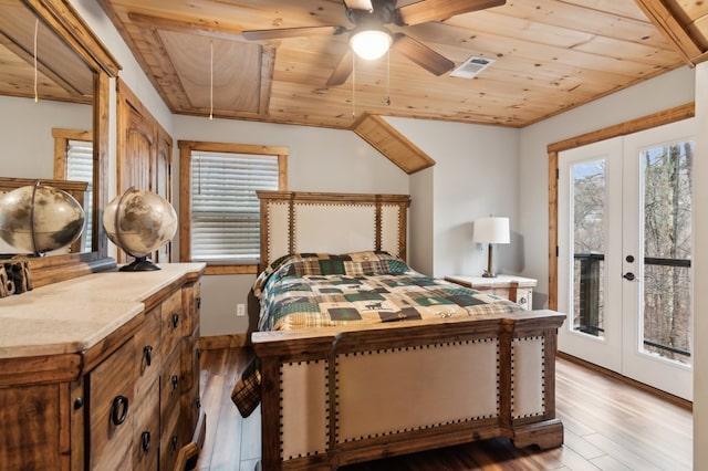 bedroom with wood ceiling, access to outside, and visible vents