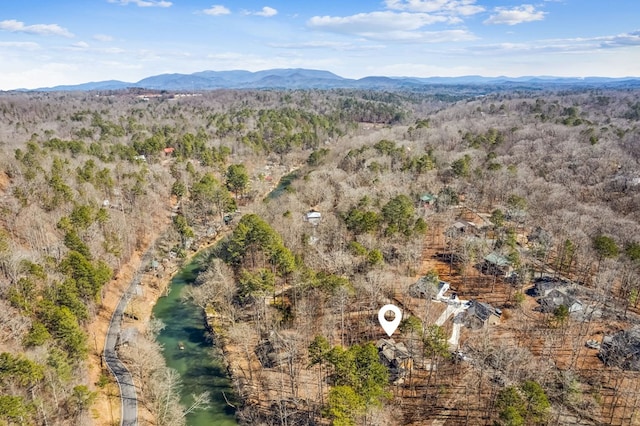 bird's eye view with a forest view and a mountain view