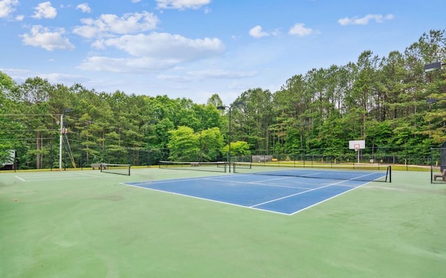 view of tennis court featuring fence