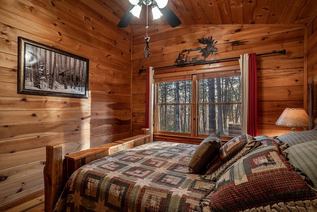 bedroom featuring lofted ceiling, wooden ceiling, and wooden walls