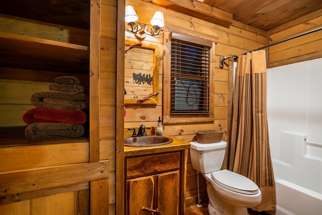 bathroom featuring toilet, shower / bath combo with shower curtain, wood ceiling, wooden walls, and vanity