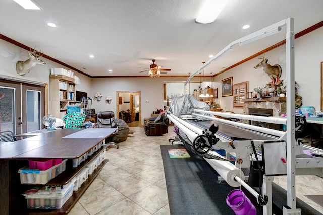 miscellaneous room featuring crown molding, tile patterned floors, french doors, a ceiling fan, and recessed lighting