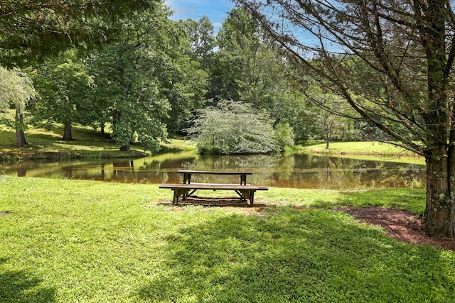 view of property's community with a lawn and a water view