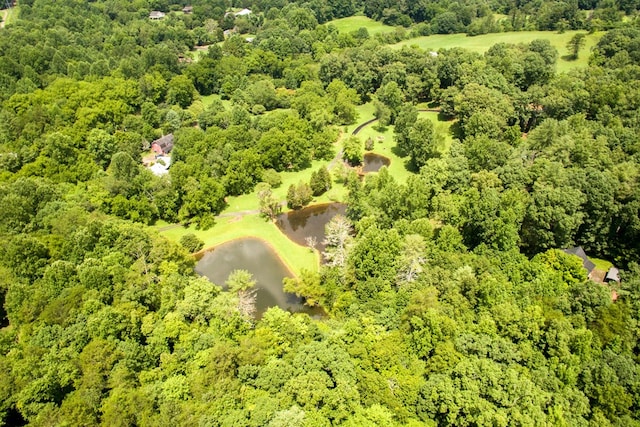 aerial view featuring a water view and a wooded view