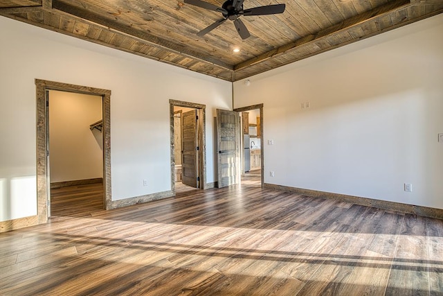 empty room featuring hardwood / wood-style floors, ceiling fan, and wooden ceiling