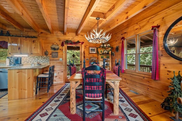 dining room featuring an inviting chandelier, beam ceiling, wooden walls, and light hardwood / wood-style flooring