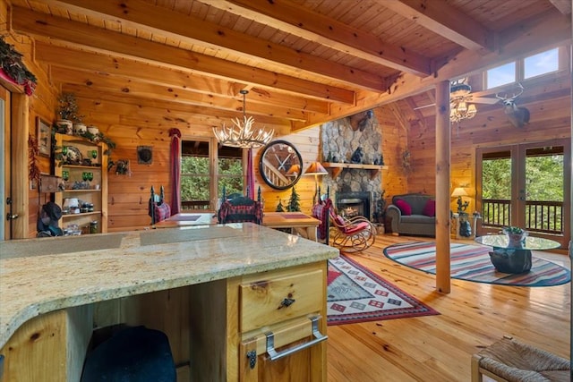 playroom with wooden ceiling, beamed ceiling, hardwood / wood-style floors, ceiling fan with notable chandelier, and wood walls