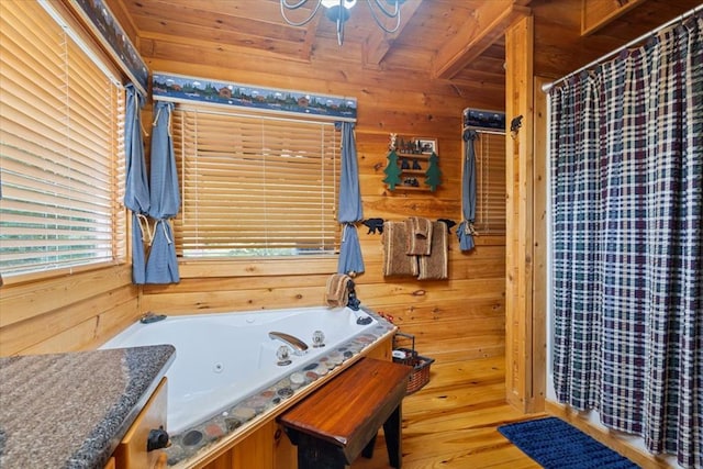 bathroom featuring wooden ceiling, wooden walls, and wood-type flooring