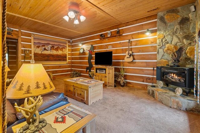 living room with ceiling fan, wooden ceiling, wood walls, and wood-type flooring