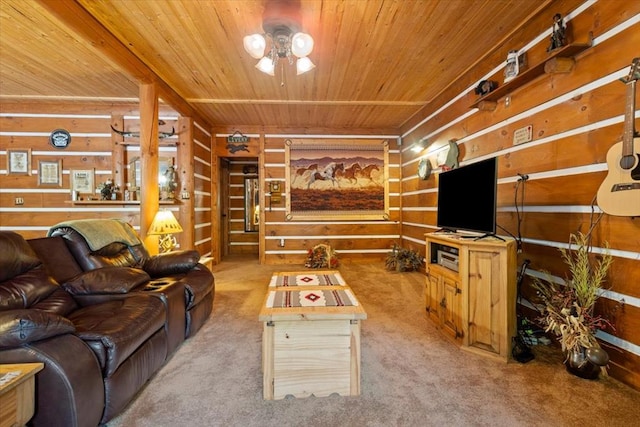 carpeted living room featuring wood ceiling