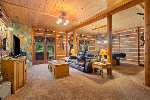 living room with billiards, light colored carpet, and wood ceiling