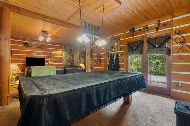 rec room with wooden ceiling, pool table, log walls, and carpet floors