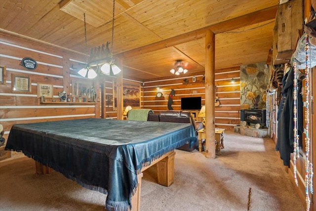 playroom featuring wooden ceiling, carpet, a wood stove, billiards, and log walls