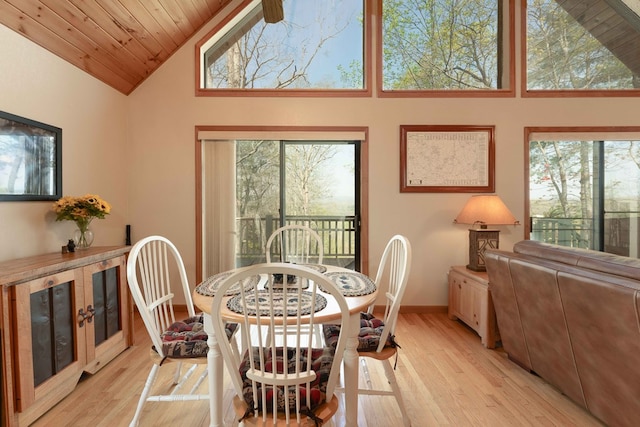 1595 Country Walk, Murphy, NC 28906 - dining space with light wood-style floors, plenty of natural light, baseboards, high vaulted ceiling, and wood ceiling