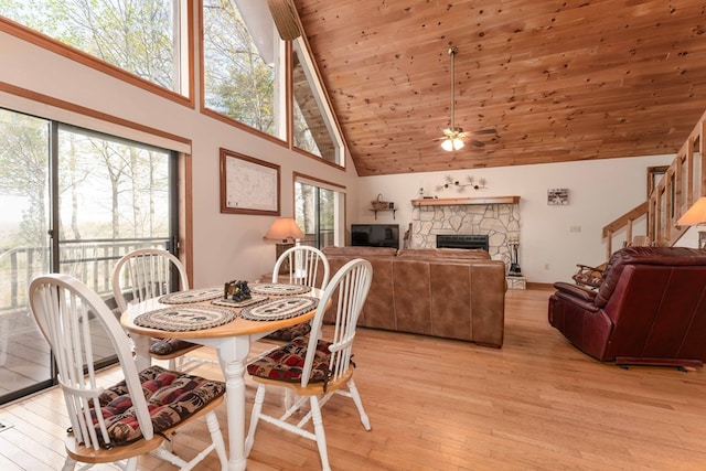 1595 Country Walk, Murphy, NC 28906 - dining space with high vaulted ceiling, light wood-style floors, ceiling fan, a stone fireplace, and wood ceiling