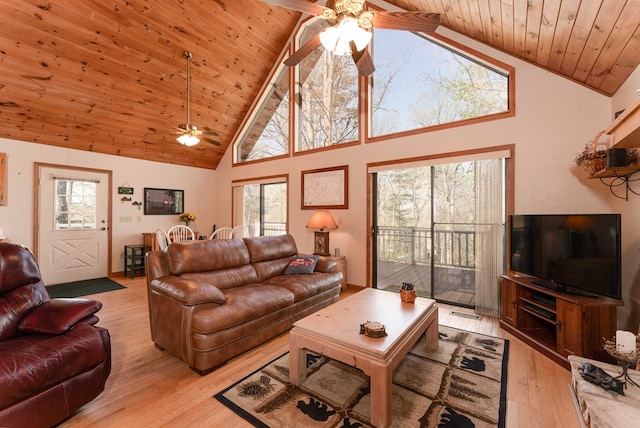 1595 Country Walk, Murphy, NC 28906 - living room with a ceiling fan, wood ceiling, high vaulted ceiling, plenty of natural light, and light wood-type flooring