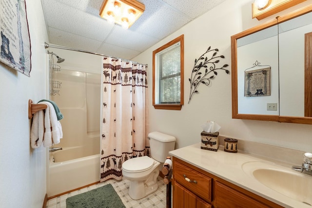 1595 Country Walk, Murphy, NC 28906 - bathroom featuring toilet, vanity, shower / tub combo with curtain, and a drop ceiling