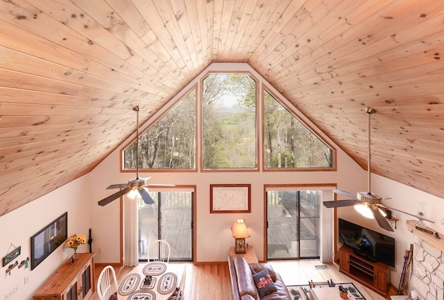 1595 Country Walk, Murphy, NC 28906 - living room with ceiling fan, wooden ceiling, light wood-style floors, and vaulted ceiling