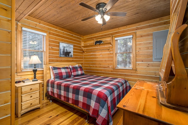 bedroom featuring wood ceiling, ceiling fan, and wood-type flooring