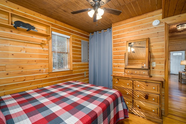 bedroom featuring wood ceiling, ceiling fan, and wooden walls