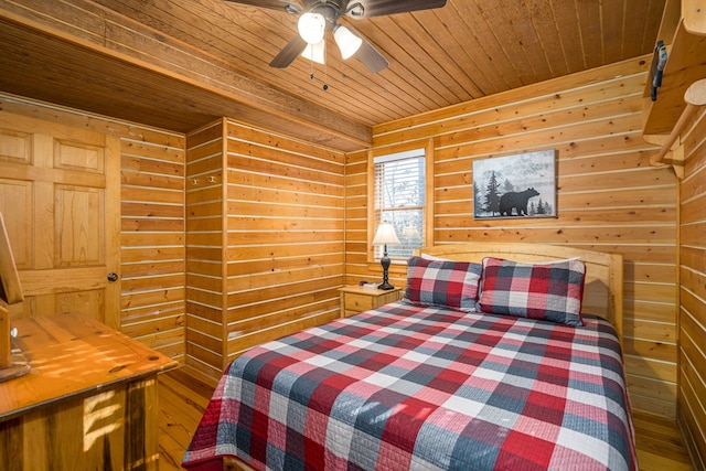 bedroom with wooden walls, wooden ceiling, and ceiling fan