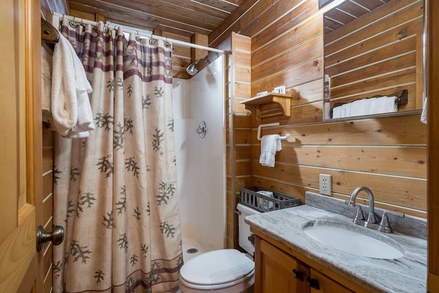 bathroom featuring a shower with curtain, wooden ceiling, toilet, and wood walls