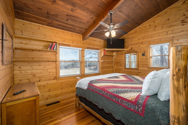 bedroom with wood ceiling, ceiling fan, hardwood / wood-style floors, lofted ceiling with beams, and wood walls