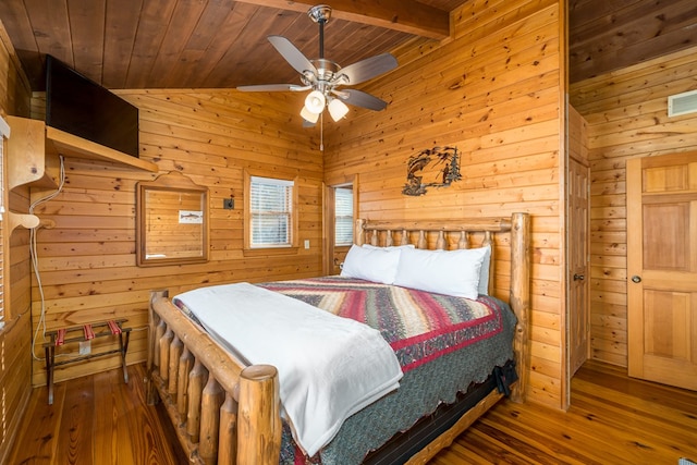 bedroom with wooden ceiling, dark hardwood / wood-style floors, ceiling fan, and wood walls