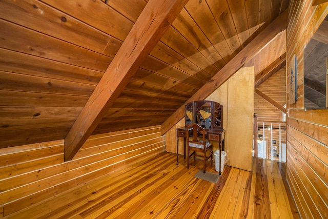 additional living space featuring vaulted ceiling with beams, wood ceiling, and wood walls