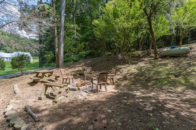 view of yard featuring an outdoor fire pit